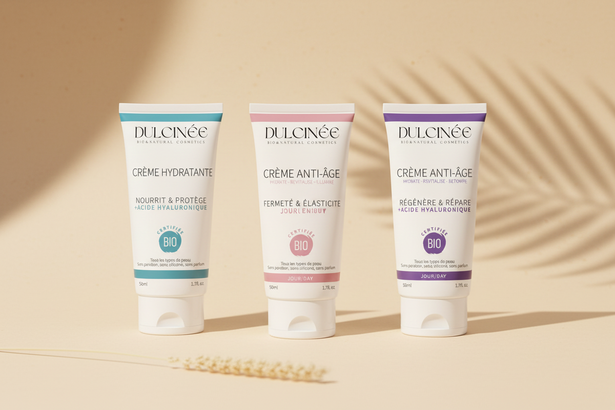 Les trois crèmes Dulcinée sur un décor crème et beige épuré